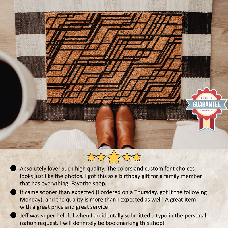 May include: A brown doormat with a black geometric pattern. The doormat has a "Love It - Guarantee" sticker on the bottom right corner.