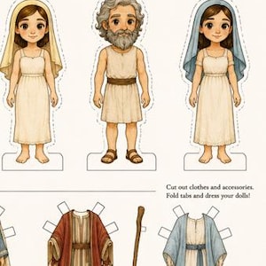 May include: A paper doll set featuring illustrations of Ruth, Moses, and Mary with descriptive text. Includes cut-out clothing items like a red-striped robe and a blue cloak, a wooden staff, and a white dove. Text reads: Cut out clothes and accessories.