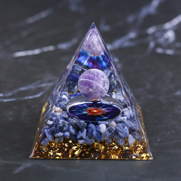 Galaxy Orgone Pyramid Energy Chakra Reiki Meditaiton Tool~Amethyst crystal Sphere With Blue Sandstone Aluminum Shavings EMF Orgonite