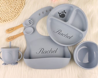 Set per lo svezzamento in silicone personalizzato, set per lo svezzamento del bambino dei cartoni animati, set per l'alimentazione con nome, ecologico, vassoio per bambini, regalo per feste per bambini