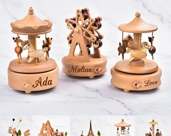 Carillon personalizzato per carosello di souvenir intagliato, carillon in legno di Natale/ballerino, regalo di compleanno per anniversario di neonati/bambini