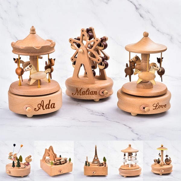 Personalized carved souvenir carousel music box, Christmas/dancer wooden music box, baby/children's anniversary birthday gift