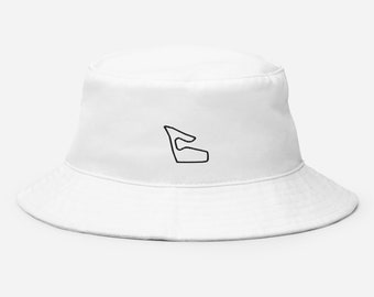 May include: White bucket hat with a black outline of a racetrack on the front.