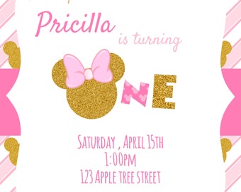 CUSTOM Disney Gold Pink Minnie Mouse Birthday Party Invitations Printable Template Baby Girl First Birthday Toddler Guests Glitter Card