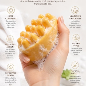 May include: A yellow massage soap bar with rounded nubs, covered in white lather. The text reads: MASSAGE SOAP BAR, CLEANSING, MASSAGING, REJUVENATING, A refreshing cleanse that pampers your skin from head to toe, DEEP CLEANSING, MASSAGING ACTION, EXFOLIATES GENTLY, NOURISHES & HYDRATES, ALL SKIN TYPES, NATURAL & GENTLE, Perfect for your daily self-care routine, pamper, refresh, renew, Available on amazon.