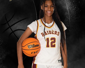May include: A young woman wearing a white basketball jersey with maroon and gold accents. The jersey has the word "RAIDERS" and the number "12" on the front. She is holding a basketball with the word "Wilson" on it. The background is black with gold and white text that says "ALANA 12" and "RAIDERS 2024".