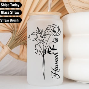 Sippy beker met naam, ijskoffiebeker, koffiekopje met deksel en rietje, gepersonaliseerde geboortebloembeker, beker met naam en geboortebloem-aangepast