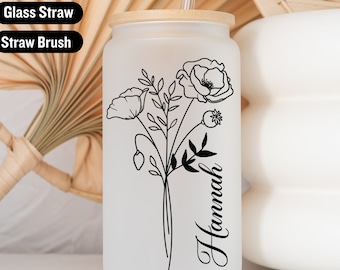 Sippy Cup With Name,Iced Coffee Tumbler,Coffee Cup With Lid And Straw,Personalized Birth Flower Cup,Cup With Name And Birth Flower-Custom