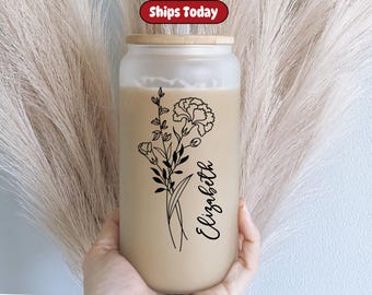 To Go Iced Coffee Cup,Birth Flower Cup With Name,Iced Coffee Cup,Iced Coffee Glass With Lid And Straw,sippy cup with name -Personalized