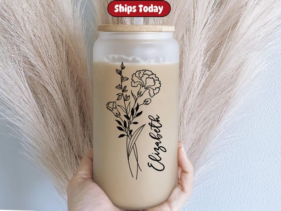 To Go Iced Coffee Cup,Birth Flower Cup With Name,Iced Coffee Cup,Iced Coffee Glass With Lid And Straw,sippy cup with name -Personalized
