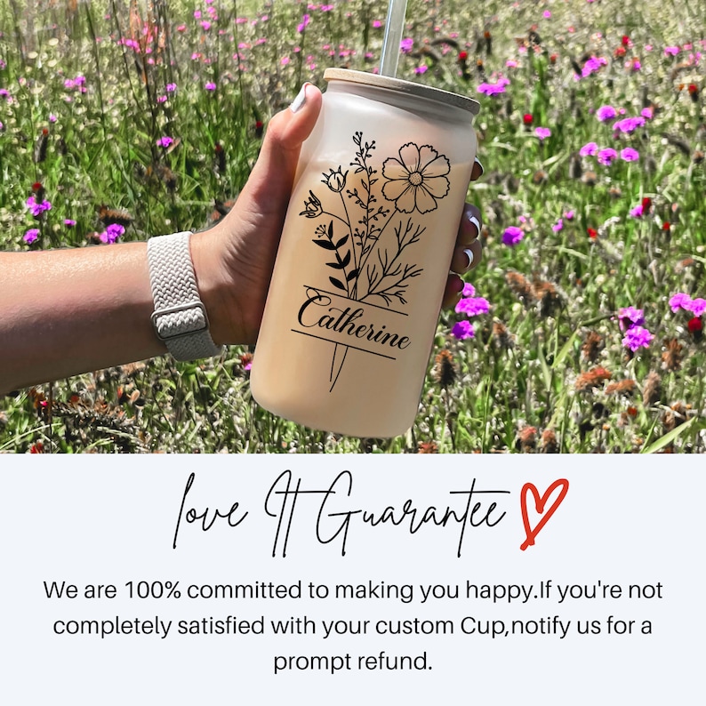 May include: A personalized reusable cup with a floral design and the name "Catherine" printed on it. The cup is made of clear plastic and has a straw.