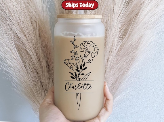 To Go Iced Coffee Cup,Birth Flower Cup With Name,Iced Coffee Cup,Iced Coffee Glass With Lid And Straw,sippy cup with name -Personalized