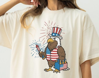 Camiseta divertida con águila calva para el 4 de julio, colores de confort, camiseta patriótica con águila, camiseta vintage americana 1776, camiseta con estampado de cerveza roja, blanca y azul