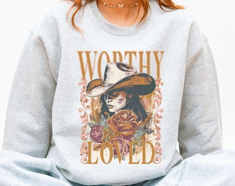 Worthy Loved Christian Sweatshirt, Western Cowgirl Faith Crewneck, Inspirational Bible Verse Sweater, Jesus Lover Gift, Faith Based Apparel