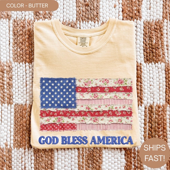 God Bless America  Comfort Colors Shirt, Floral American Flag Tee, Patriotic Shirt, 4th of July Shirt, Vintage USA Tee, Faith Shirt