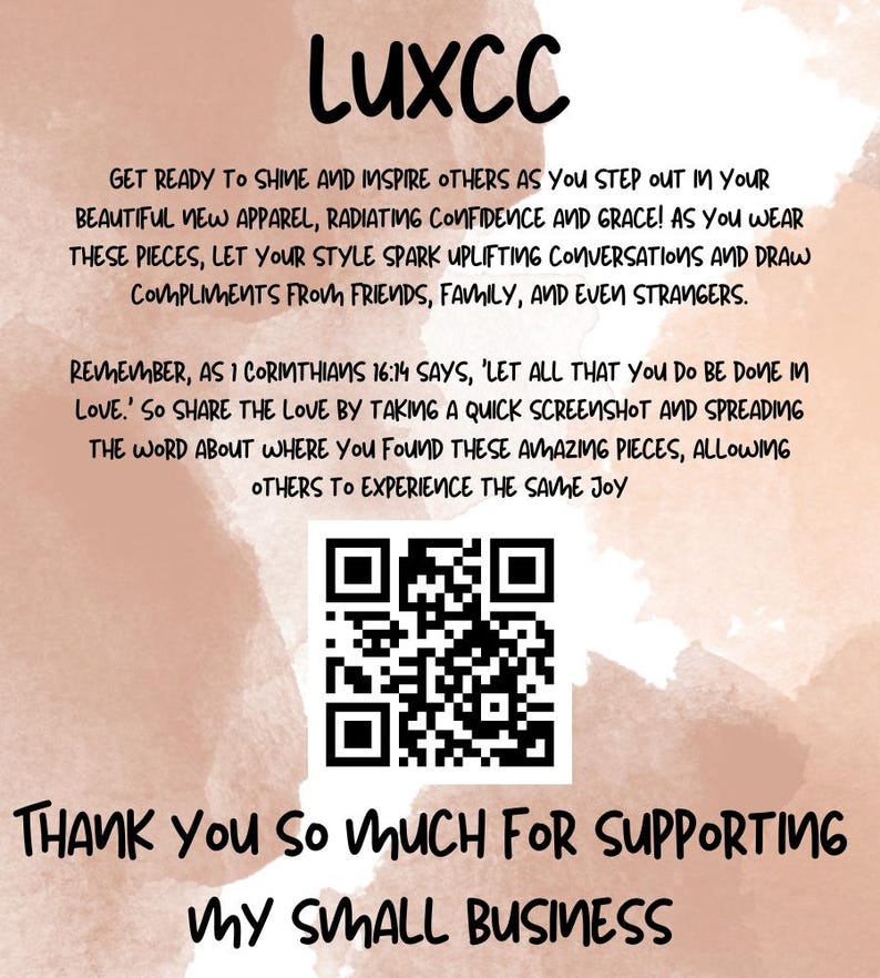 Puede incluir: Gr&aacute;fico promocional con el texto "Luxcc" en una fuente estilizada. El fondo presenta un lavado de acuarela en tonos marrones y rosas. El texto anima a los clientes a compartir sus compras y apoyar a la peque&ntilde;a empresa.