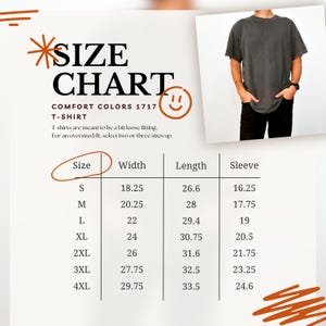 Puede incluir: Tabla de tallas para camisetas Comfort Colors 1717, con medidas en pulgadas para ancho, largo y manga. La tabla incluye tallas de la S a la 4XL. La imagen tambi&eacute;n muestra a una persona con una camiseta gris.