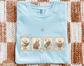 Camiseta Vintage Duck Comfort Colors, Camiseta Cottagecore Duck, Camiseta para amantes de los libros, Camiseta gráfica Literary Duck, Camiseta con estética académica, Regalo para lectores