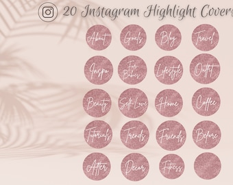 Pode incluir: Vinte capas de destaque do Instagram com fundo de glitter dourado rosa e texto branco. O texto inclui: Sobre, Metas, Blog, Viagens, Inspo, Para bebês, Estilo de vida, Roupa, Beleza, Amor próprio, Casa, Café, Tutoriais, Tendências, Amigos, Antes, Depois, Decoração, Fitness.