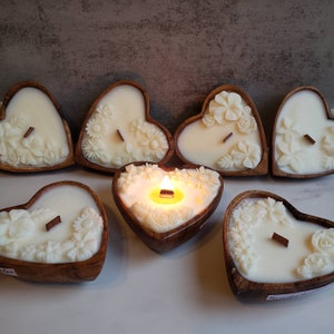 Wood Wick Heart Bowl Candle with Flower Detail, Customizable Gift for Girlfriend, Gift For Mom, Anniversary Candle Gift For Her