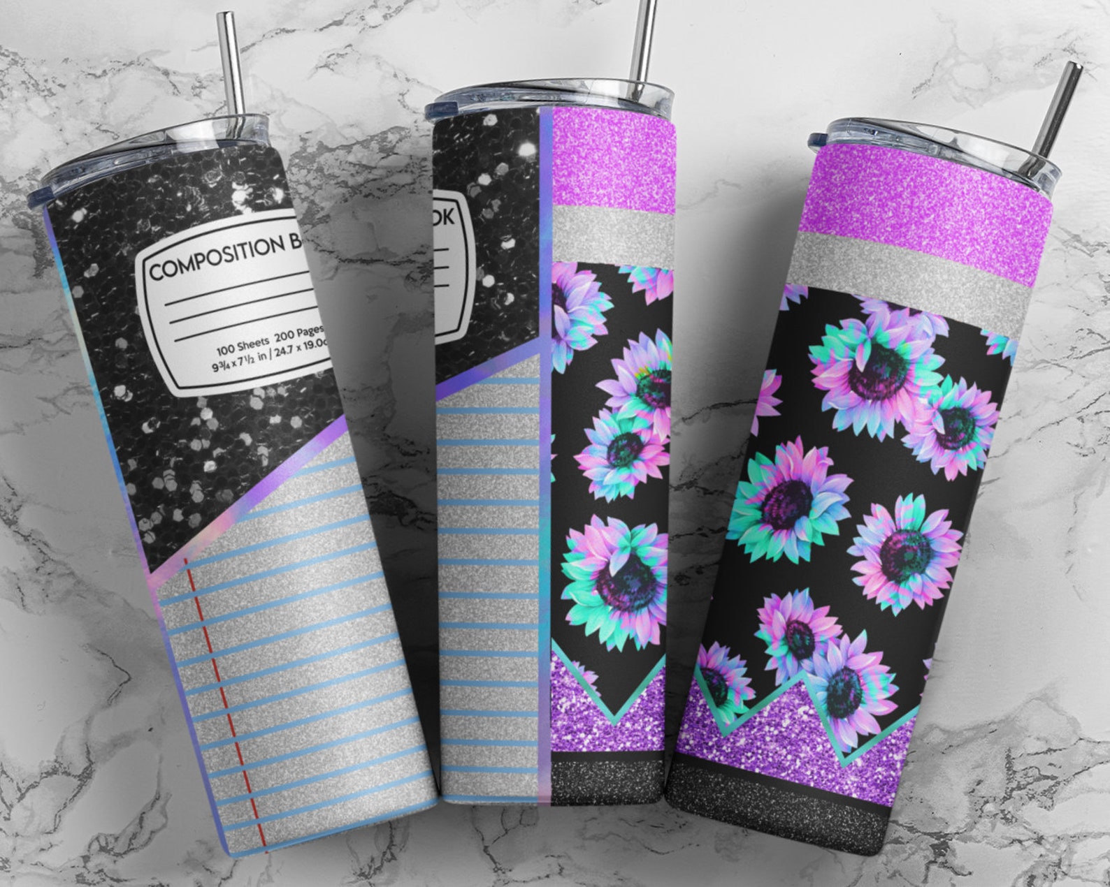 Composition Book Pencil Glitter Tumbler Design Sublimation Etsy