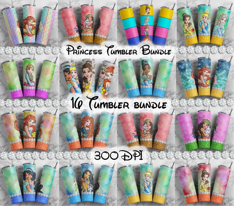 Princess tumbler designs | 16 princess Tumbler Wrap design bundle | Digital File 20z skinny tumbler Sublimation | Digital Download | PNG 