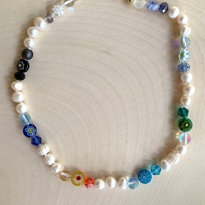 ボヘミアン シック ミルフィオリ ガラス & パール 16 インチ ネックレス