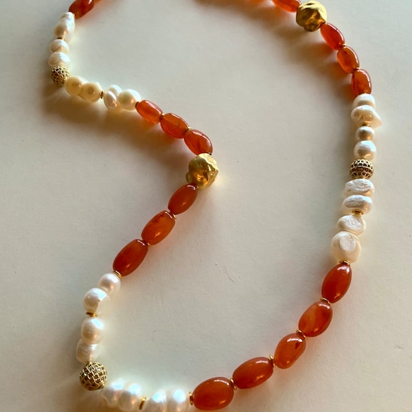 Large Carnelian and Baroque Pearl /Diamond & Gold /Henry Dunay Inspired Necklace