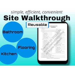 Puede incluir: Una tableta digital muestra una lista de verificación de inspección del sitio para inspecciones de pisos, baños y cocinas. También se muestran las palabras "simple, eficiente, conveniente" y "Reutilizable". Círculos azules resaltan las áreas de enfoque.