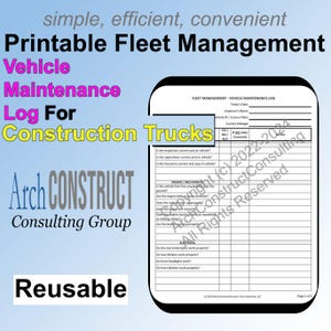 Printable Fleet Management - Vehicle Maintenance Log for Construction Trucks - PDF Worksheet