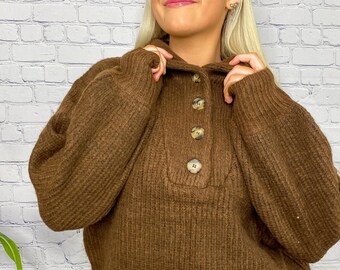 Oversized Cozy Sweater Top Brown with Buttons, Trendy Top Winter Comfortable