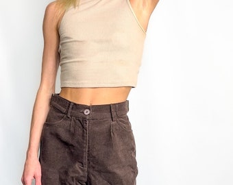 Ribbed tank top, Mock Neck, beige crop blouse, winter outfit top, layer top for winter