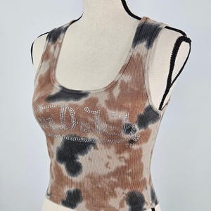Von Dutch Vintage Brown Tie Dye Crop Ribbed Tank Top Women M Rhinestone Y2K FLAW Bild 7