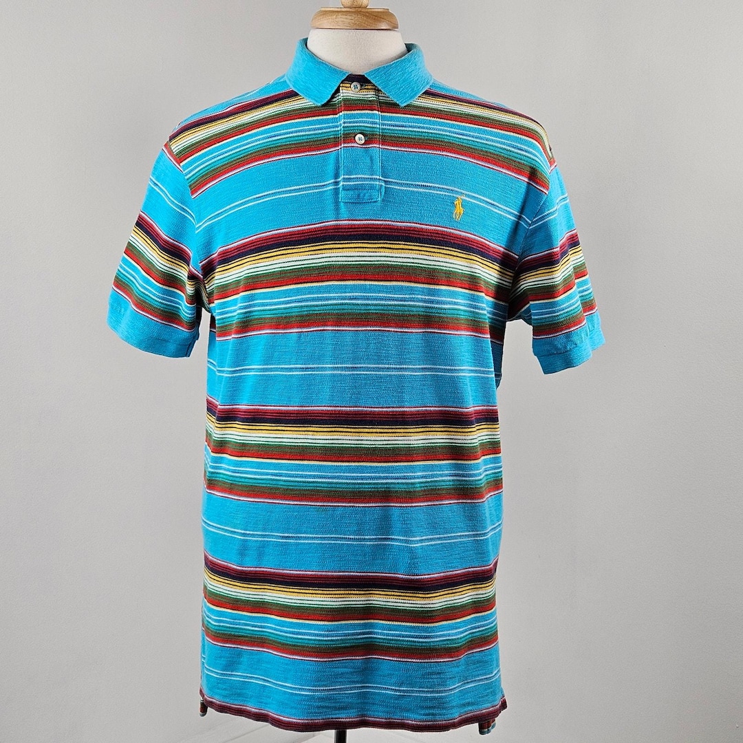 トップス 80s polo ralph lauren cooton kinit polo Polo Ralph Lauren Vintage Blue Multicolor Stripe Cotton Knit Polo