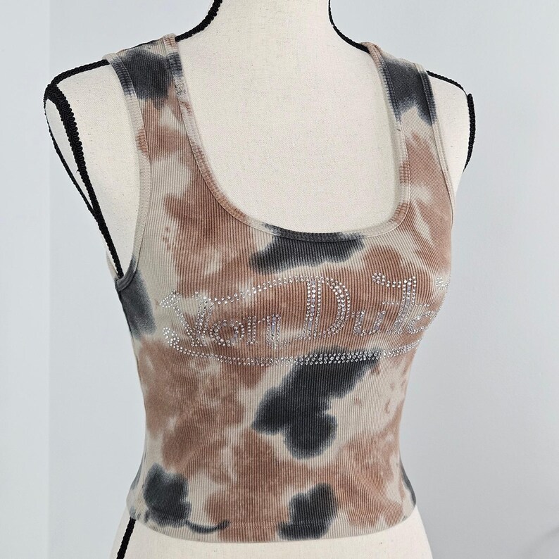 Von Dutch Vintage Brown Tie Dye Crop Ribbed Tank Top Women M Rhinestone Y2K FLAW Bild 6
