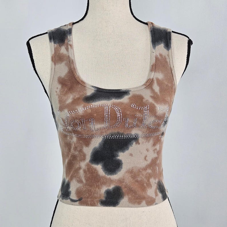 Von Dutch Vintage Brown Tie Dye Crop Ribbed Tank Top Women M Rhinestone Y2K FLAW Bild 1