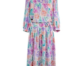 Willi of California Womens Floral Watercolor Midi Dress Belted 10 Vintage 80s