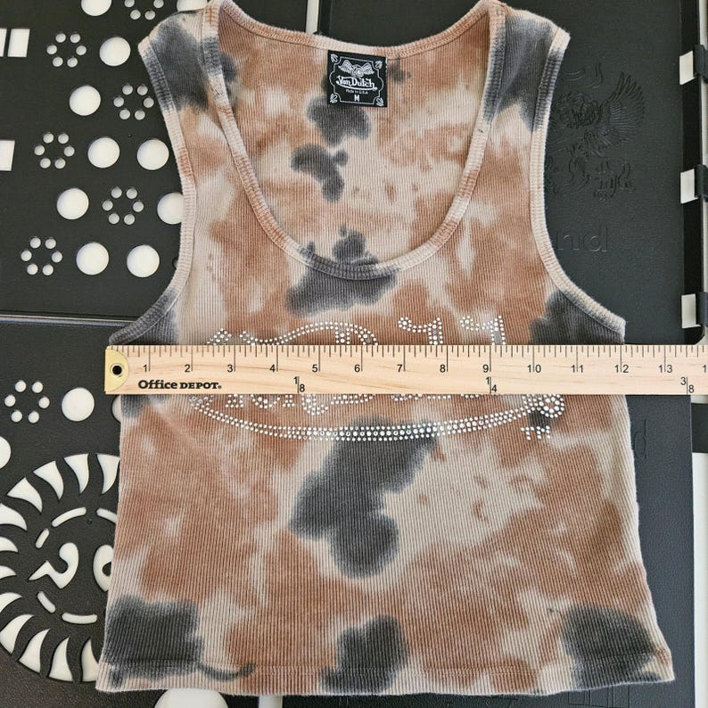 Von Dutch Vintage Brown Tie Dye Crop Ribbed Tank Top Women M Rhinestone Y2K FLAW Bild 14