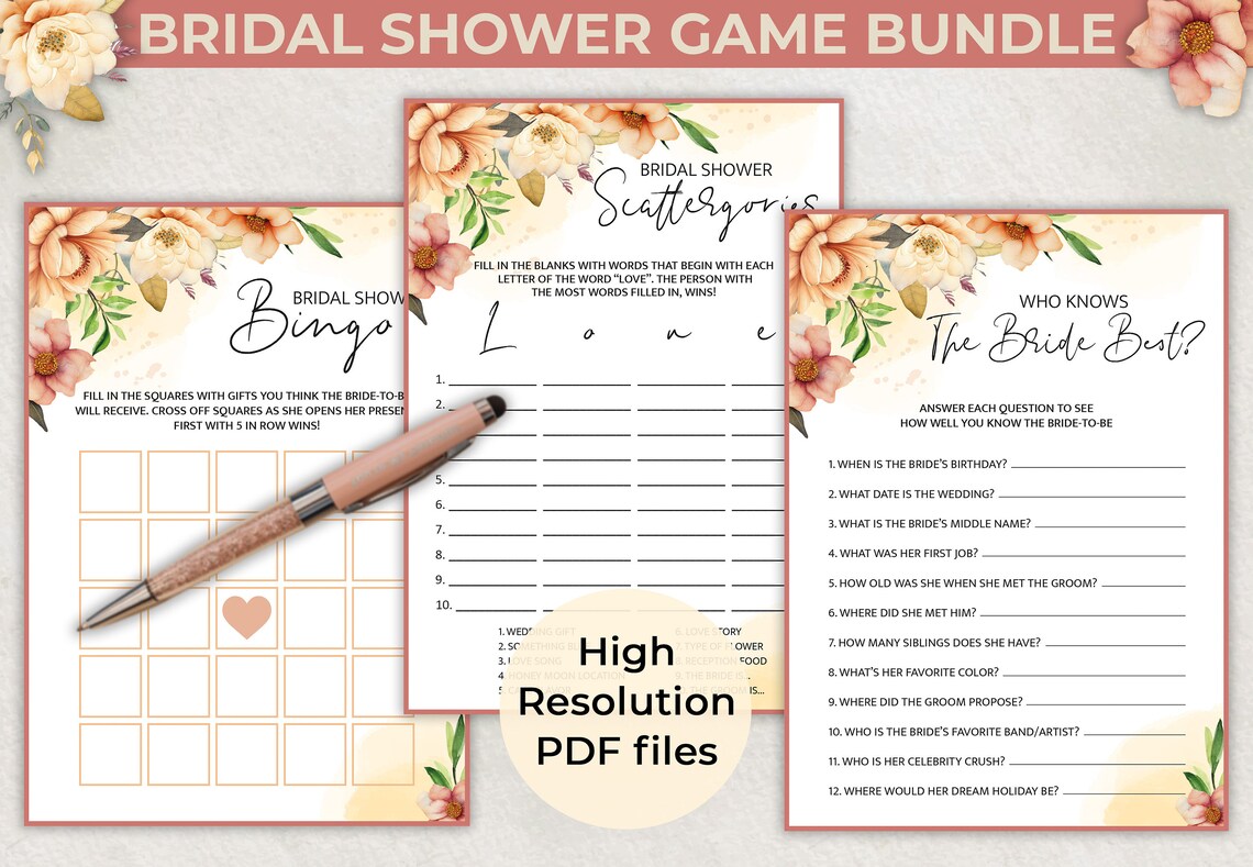 Top 5 Bridal Shower Party Games Game Bundle | Answer Keys Included ...