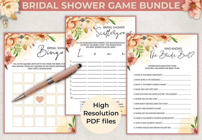 Top 5 Bridal Shower Party Games Game Bundle Answer Keys Included