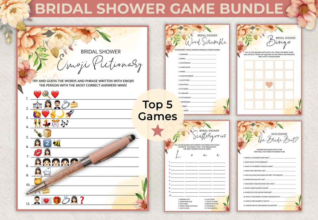 Top 5 Bridal Shower Party Games Game Bundle | Answer Keys Included ...