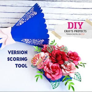 SCORING Papierblumenstrauß, Valentinstagsgeschenk BOUQUET UND ROSEN, Rosenstrauß-Box 3D-Vorlage, SVG-Datei, Studio, Cricut, SVG, DXF, EPS