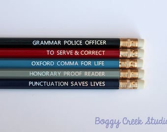 Grammar Police ~ Set of 5 Foil Pencils ~ Funny Sarcasm Gift!  Teacher Gift!  Stocking Stuffer, Student/Birthday Gift, #2 Graphite