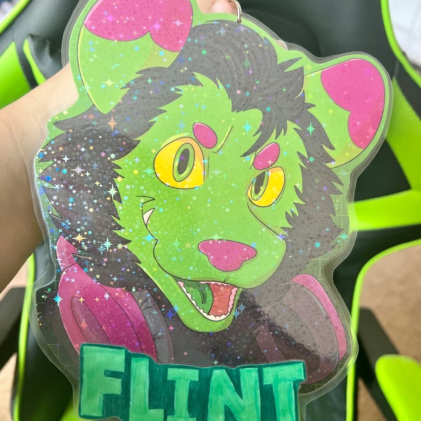 Custom furry badge with holographic star pattern for conventions physical badge of your fursona digital drawing