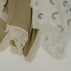 Tassel Fringe Muslin Blanket | Tassel Ruffle Swaddles | Unisex Swaddles | Nursery Decor | Boho Baby | Baby Blanket