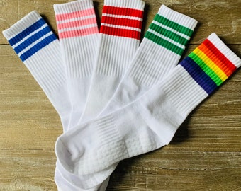 5 PACK Kids RETRO Stripe Sock High Crew Socks Non-Slip Arch Support