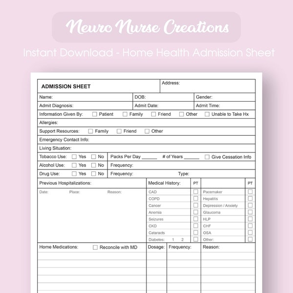 Home Health/Hospice Admission Sheet