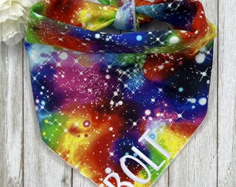 Personalized Embroidered Rainbow Galaxy Dog Bandana, Space Fashion Puppy Scarf, Gift For Pets