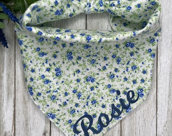 Personalized Embroidered Mini Rose Blue Dog Bandana, Floral Puppy Scarf, Gift For Pets