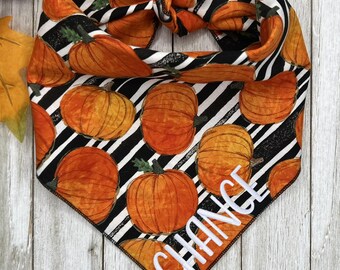 Personalized Embroidered Pumpkin Stripe Dog Bandana, Halloween Fall Harvest Puppy Scarf, Gift For Pets